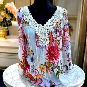 Spense Floral Tunic Top Embroidered Neck Cream Semi Sheer Long Sleeve